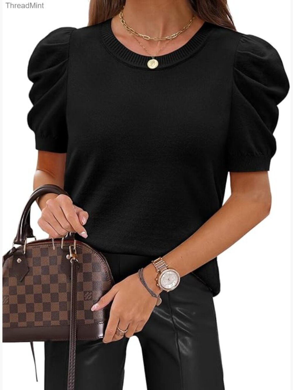 Short Puff Sleeve Knit Sweater Crew Neck Striped Top Summer Blouse